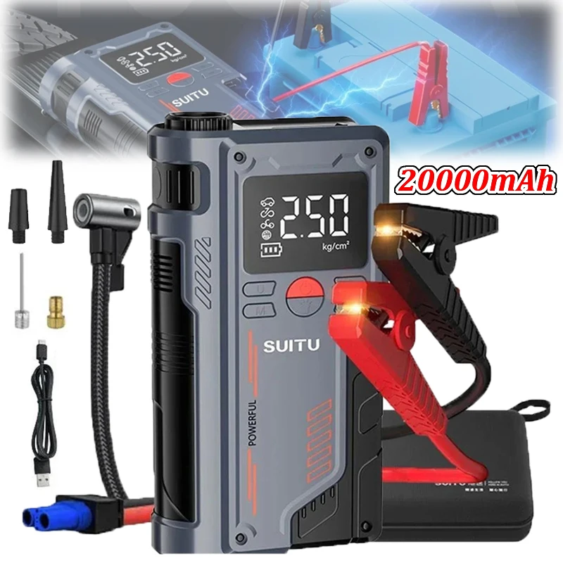 4 In 1 Car Jump start With 150PSI Air Compressor 20000mAh Portable Booster Charger 1000A fuel Car Battery Starting camera