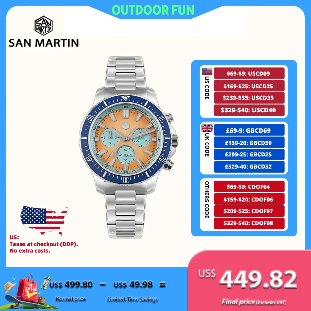 

San Martin 40 мм Peacock SL-4801 Механические часы с хронографом Мужские наручные часы для дайвинга с авто/ручным заводом High-Beat 20Bar Luxury SN0118JS