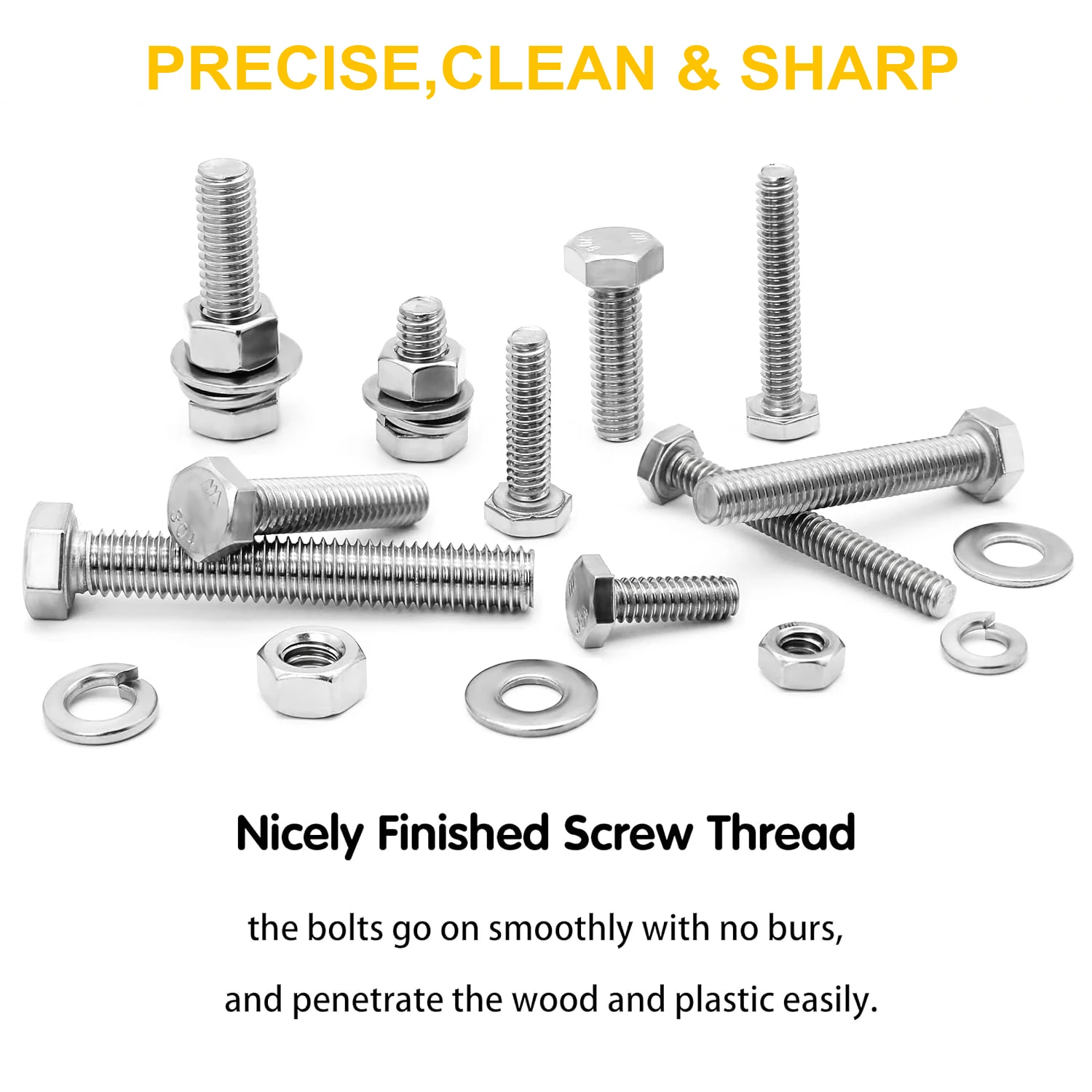 VKKM 48Pcs M10 Hex Head Bolts Nuts Washers Assortment Kit, 304 Stainless Steel Fully Threaded Hex Screws with Flat & Lock Washers, M10×40/50/70/80mm Hardware Fastener Set for Marine Boat, Motorcycle, Machinery, Furniture DIY Repair Construction