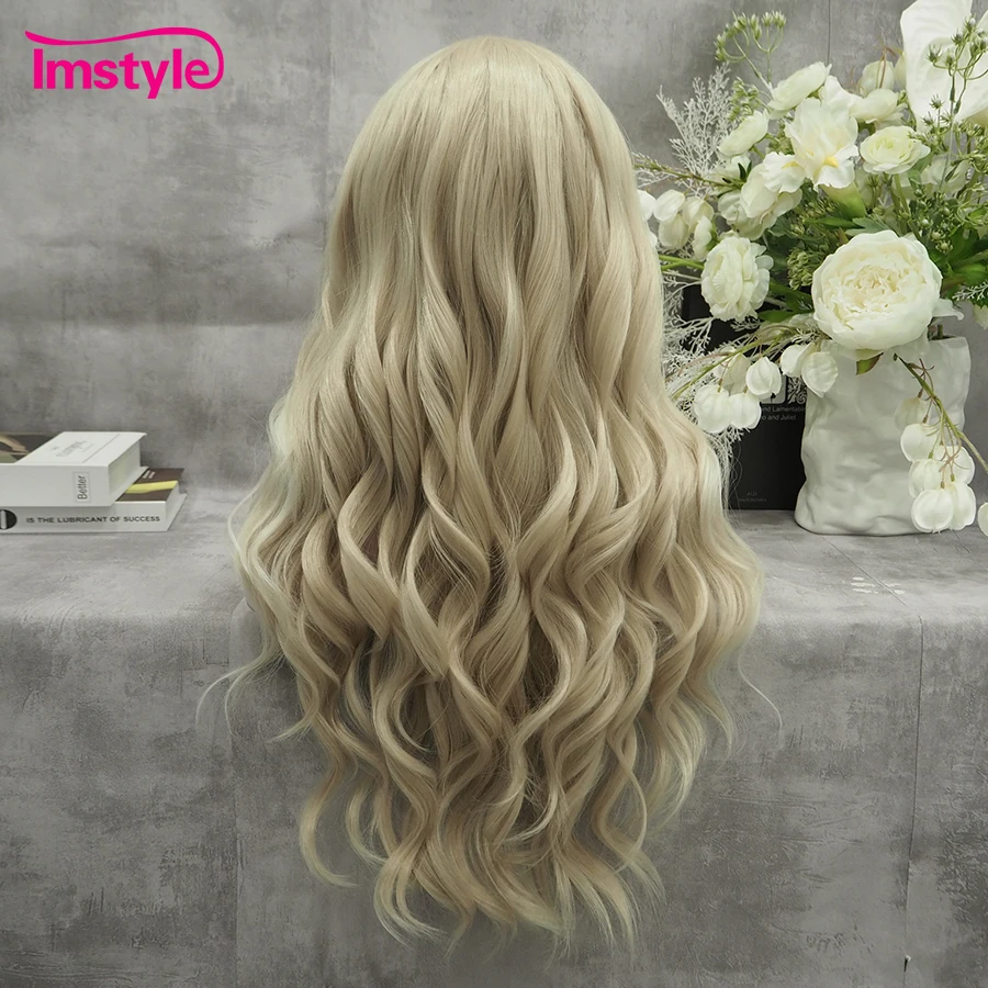 Imstyle Ash Blonde Wig Long Synthetic Lace Front Wig Natural Wavy Lace Wigs For Women Cosplay Daily Wig Heat Resistant 24 Inch