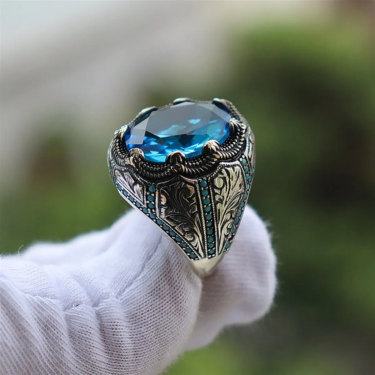 Elegant Solid 925 Sterling Silver Oval Aquamarine With Side Turquoise Men's Ring Turkish Hanmade Silver Jewelry Gift For Men