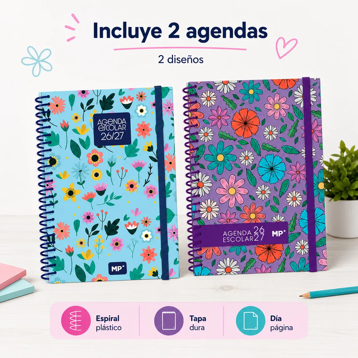 Pack MP 2 unités Agenda scolaire 2026-2027 Motif floral avec spirale, Page quotidienne |     Modèles en espagnol ou en portugais |     Formats A5 et A6 |     Format de la page quotidienne |     Couverture rigide ou couverture en plastique souple |     Étudiants et planificateur de bureau |     (Couleurs aléatoires portugaises)