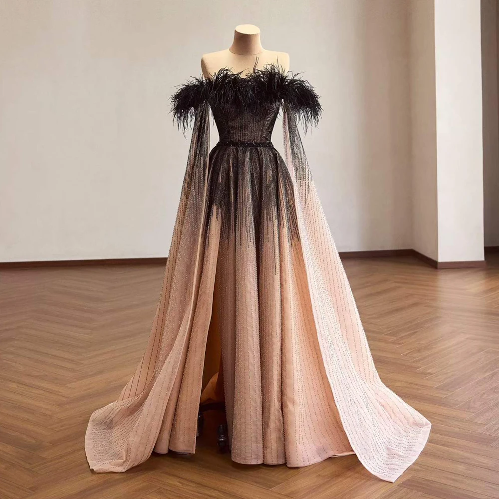 2027 Evening Dress High Slit Black Feather Beaded Long Cape Off The Shoulder A Line Customizable Women's Robe De Soirée