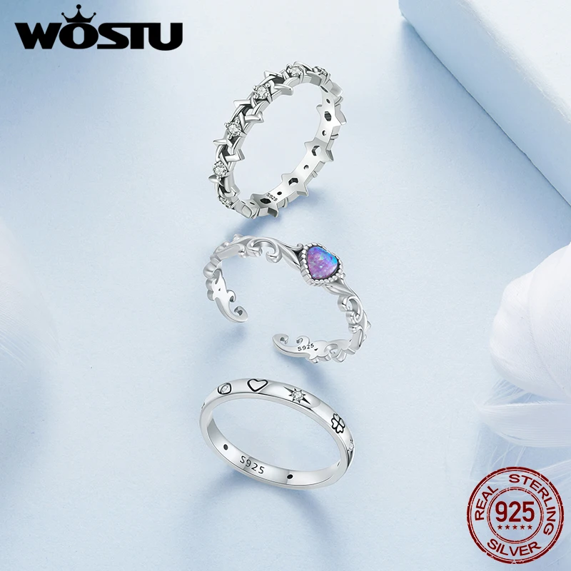 WOSTU 925 Sterling Silver Lucky Guardian Ring Opal Retro Pattern Ring Hexagram Ring For Women Fine Jewelry Party Date Daily Gift