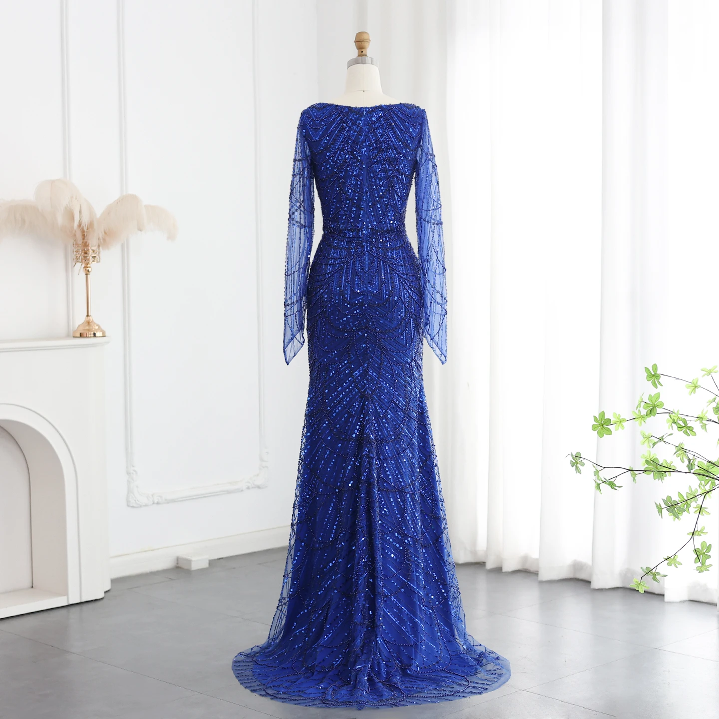 Sharon Said Elegantes Schwarzes Meerjungfrauen-Abendkleid mit Langen Ärmeln, Königsblau, Arabische Damen-Hochzeits- und Partykleider SS686, Maßanfertigung – Detail 14