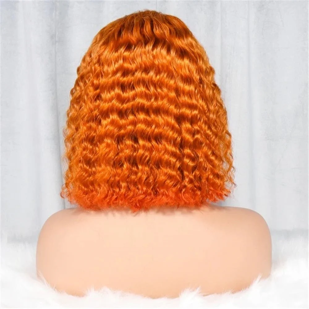 Ginger Orange 13x4 Transparent Lace Front Deep Wave Bob Wig Human Hair #350 Color 14inch Deep Wave Curly 200%density