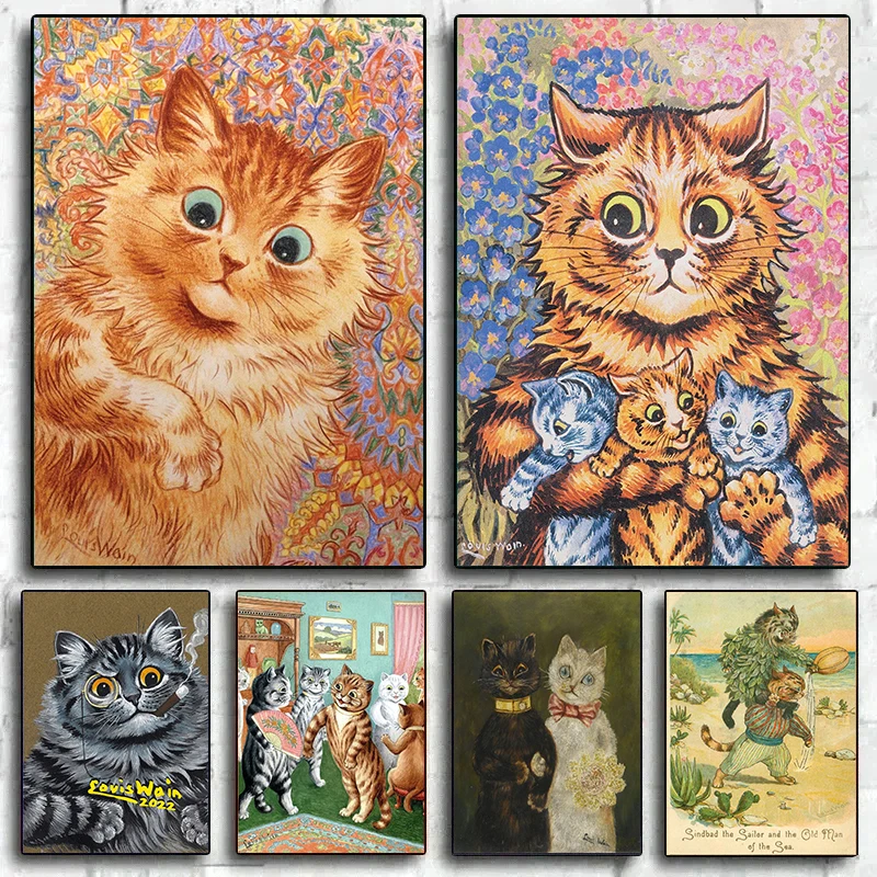 

Famous Louis Wain Cat Portrait Vintage Poster Canvas Painting The Cat Gathering Cute Kitty Giclee Fine Art Print Room Home Decor