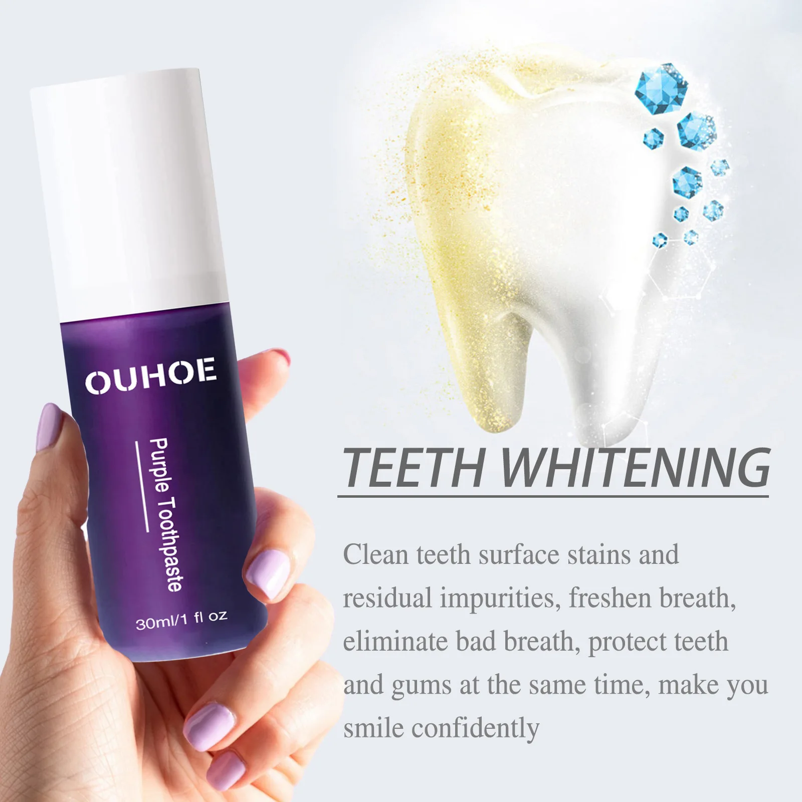 Ouhoe 30ml Purple Colour Corrector Toothpaste Whitening Teeth Cleaning Gums Repair Care Fresh Bad Breath Remove Stain Toothpaste