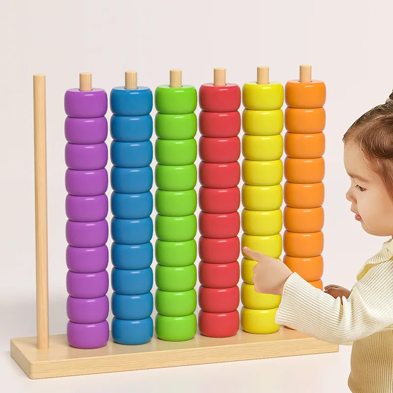 Color Stacking Beads Wooden Color Sorting Stacking Toys Sensory Toy Color Recognition Early Learning Toy Counting Stacker Block