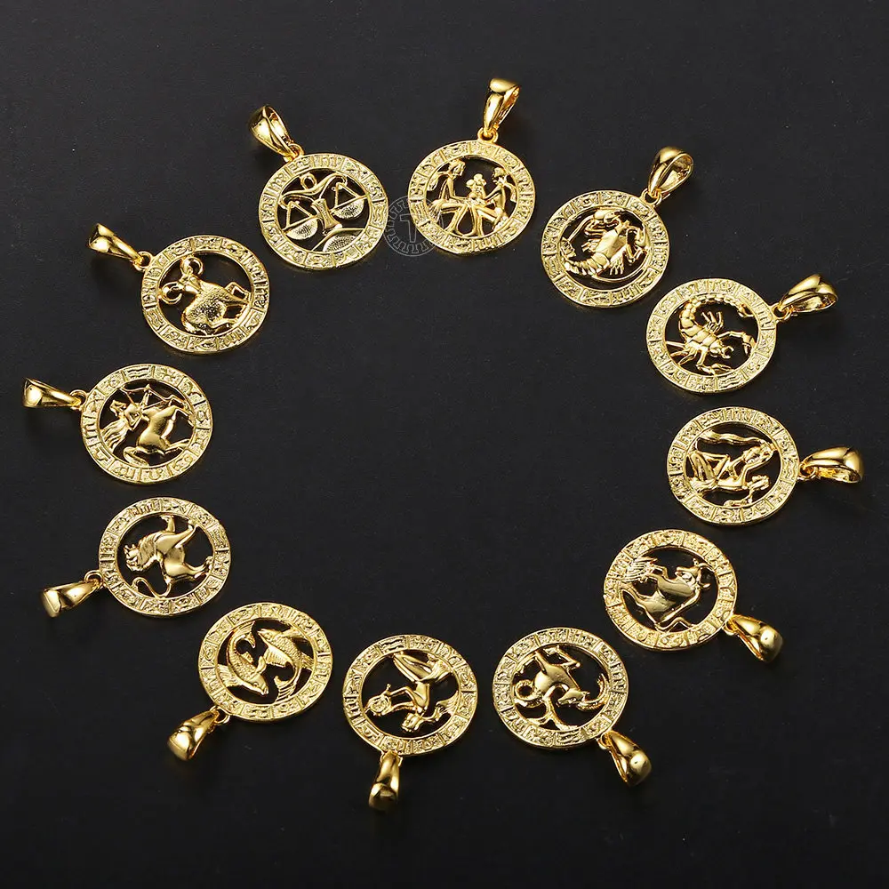 Round Shaped 12 Zodiac Sign Constellation Pendant For Men Women 3mm Stainless Steel Figaro Link Chain Necklace Choker Jewelry
