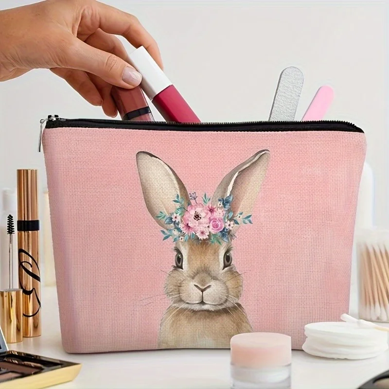 1Pc Pink Rabbit Retro Design Makeup Bag, Snack Storage Bag, Stationery Storage Bag, Fashionable Toiletry Bag, Canvas Double-Sided Printed Travel Bag