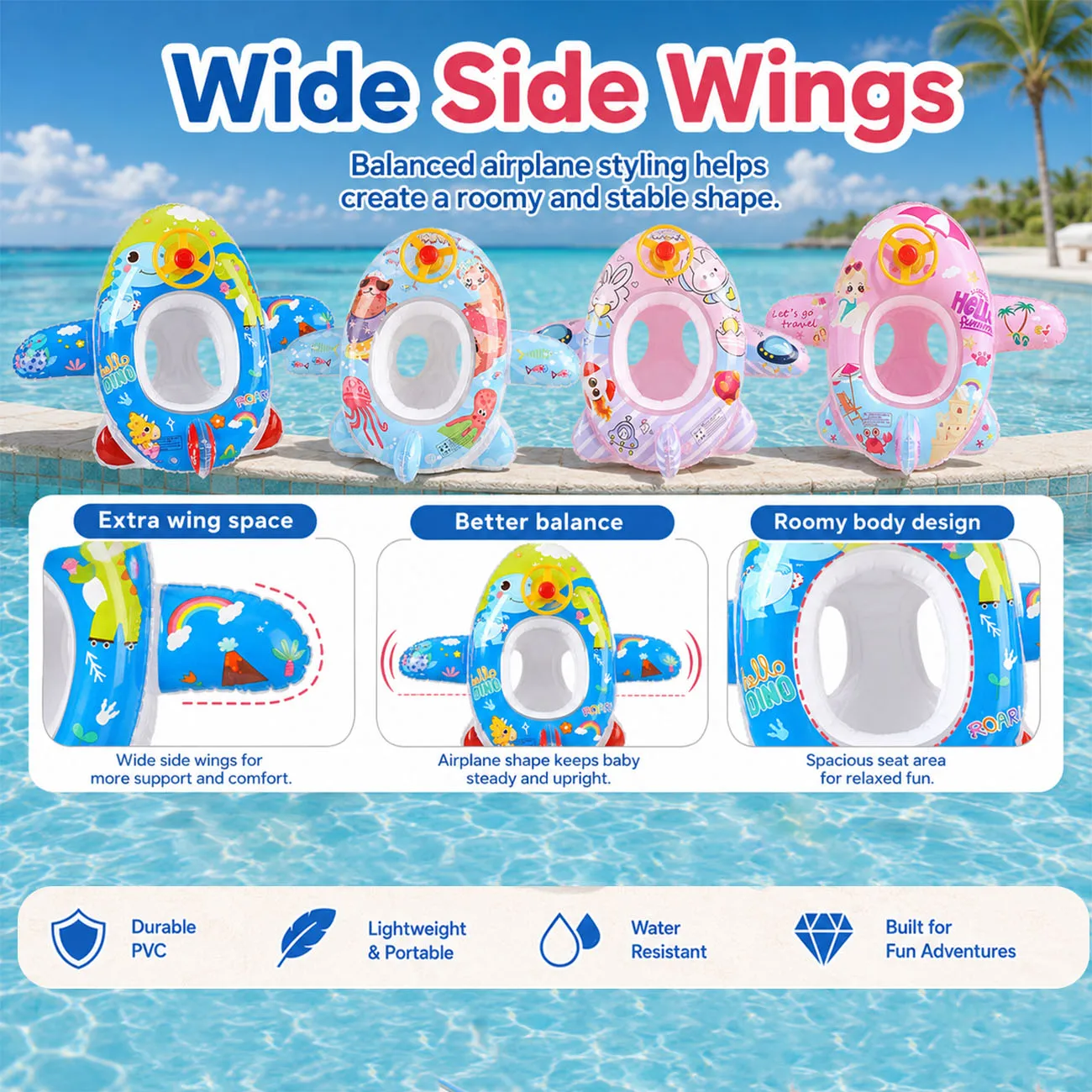 1PC Inflatable Airplane Pool Float Seat Steering Wheel Ride On Swim Ring Durable PVC Summer Pool Party Water Fun