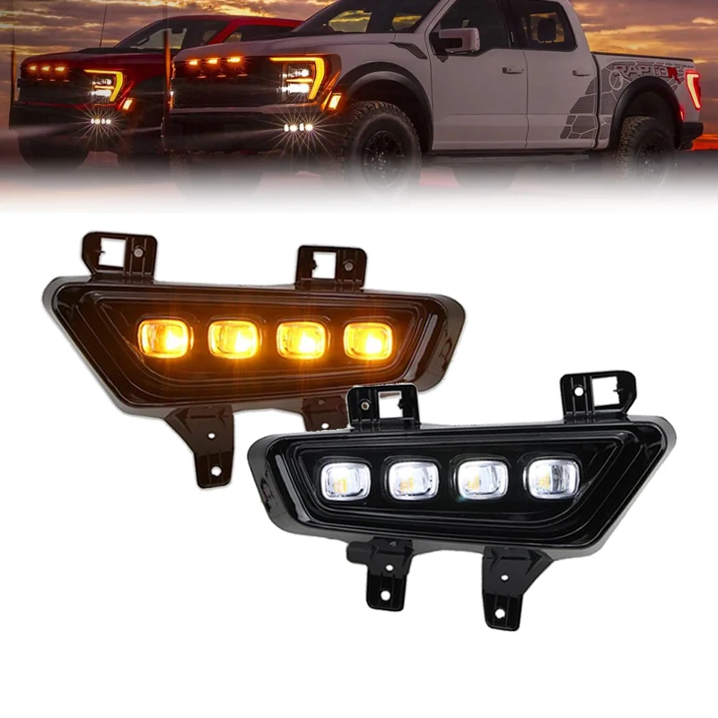 

2Pcs DRL LED Daytime Running Lights For Ford F150 SVT Raptor R/Raptor with Turn Signal Yellow Fog Lamp 2021-2024