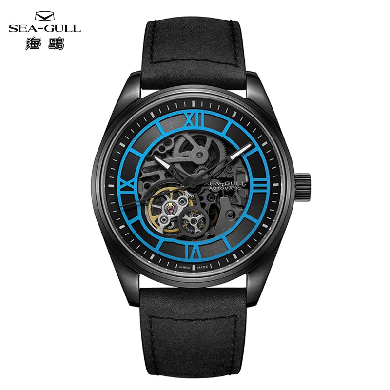 

Seagull Luminous Men's Watch Skeleton Flywheel Fashion Mechanical Watches Sapphire Blue Clock Crazy Horse Leather Strap 6103HK