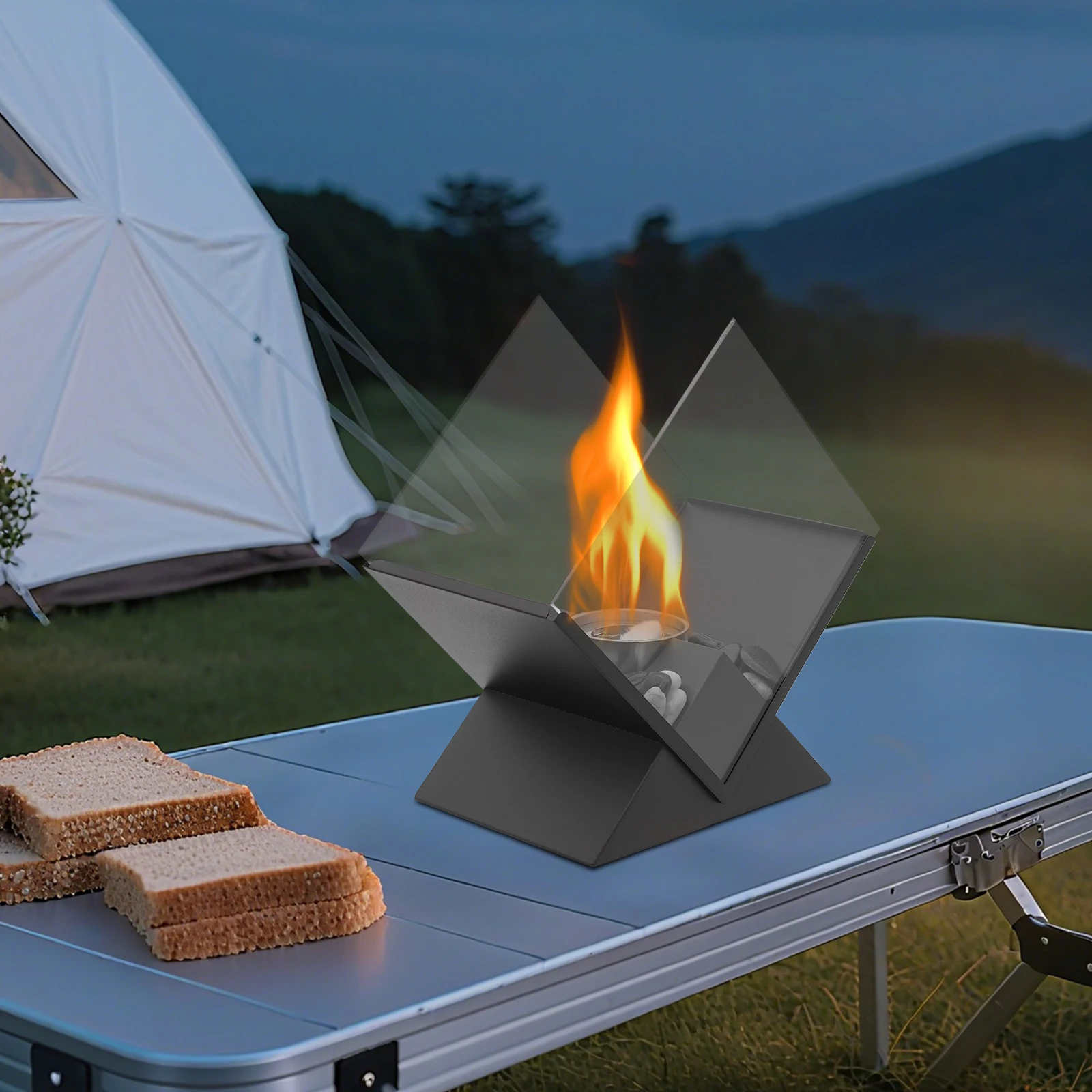 حفرة نار من الزجاج والمعدن الأسود مع أحجار زخرفية، مدفأة على الطاولة للاستخدام الداخلي أو الخارجي لطاولة الطعام، طاولة الحفلات