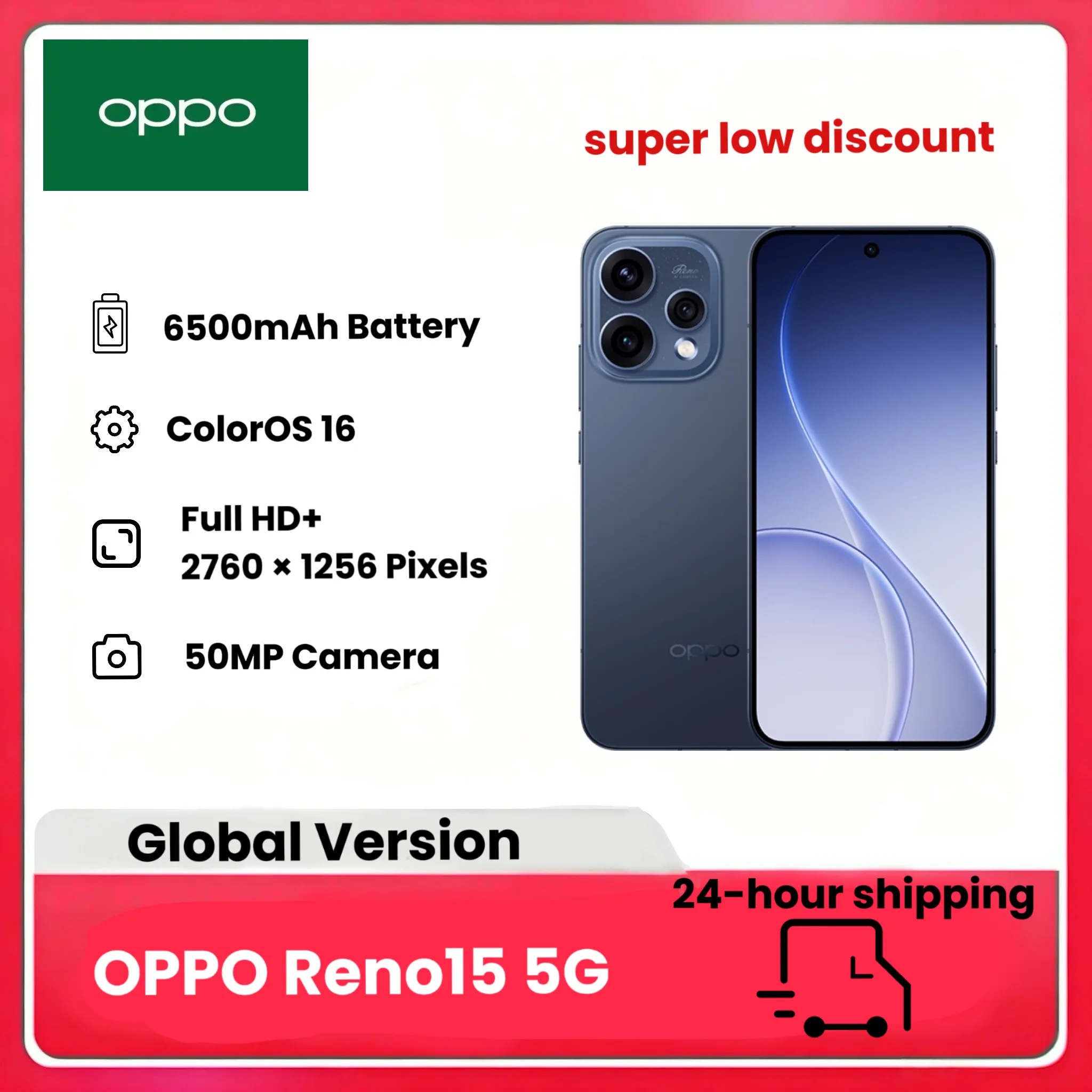 OPPO Reno15 5G Smartphone Android, 8+512GB, 6.59" 120Hz Scherm, 50MP Ultragroothoek Selfie Camera 3.5x Telelens Vibe Portrait |   ColorOS 16, AI Portrait Glow, 6500mAh batterij, IP69, exclusief