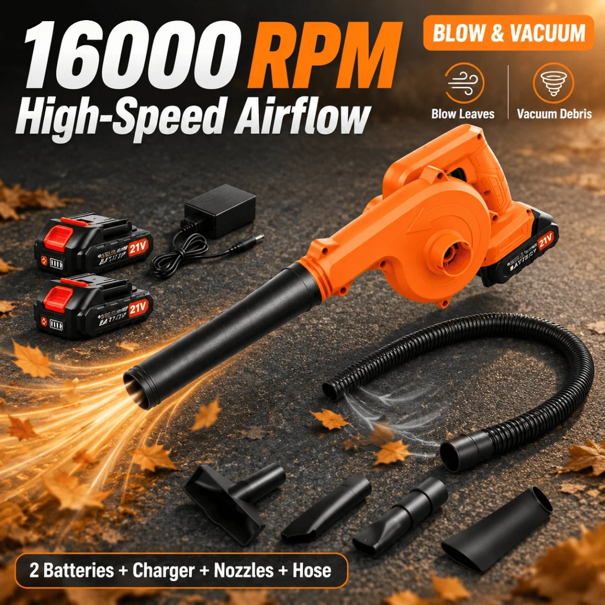 Soffiatore e aspiratore di foglie a batteria da 21 V, soffiatore elettrico da giardino 2 in 1 con motore da 16.000 giri/min, 2 batterie ricaricabili, caricabatterie con spina britannica, ugelli