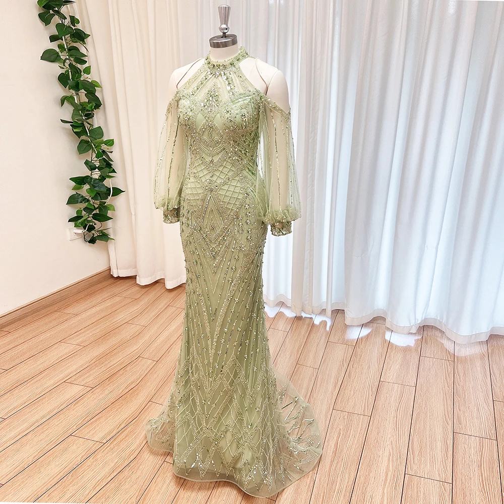 Vestido de noche árabe de sirena elegante para mujer, vestidos formales de fiesta de boda con cuello alto y mangas largas, personalizados, 2024