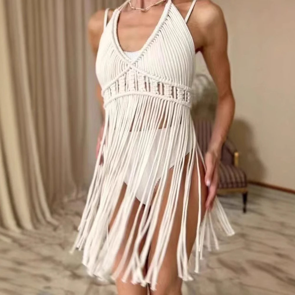 Boho White Beach Fringe Top Handmade Bride Rave Festival Crochet Dress Hippie Swim Cover up Caimsole Goddess 2025 Macrame Dress