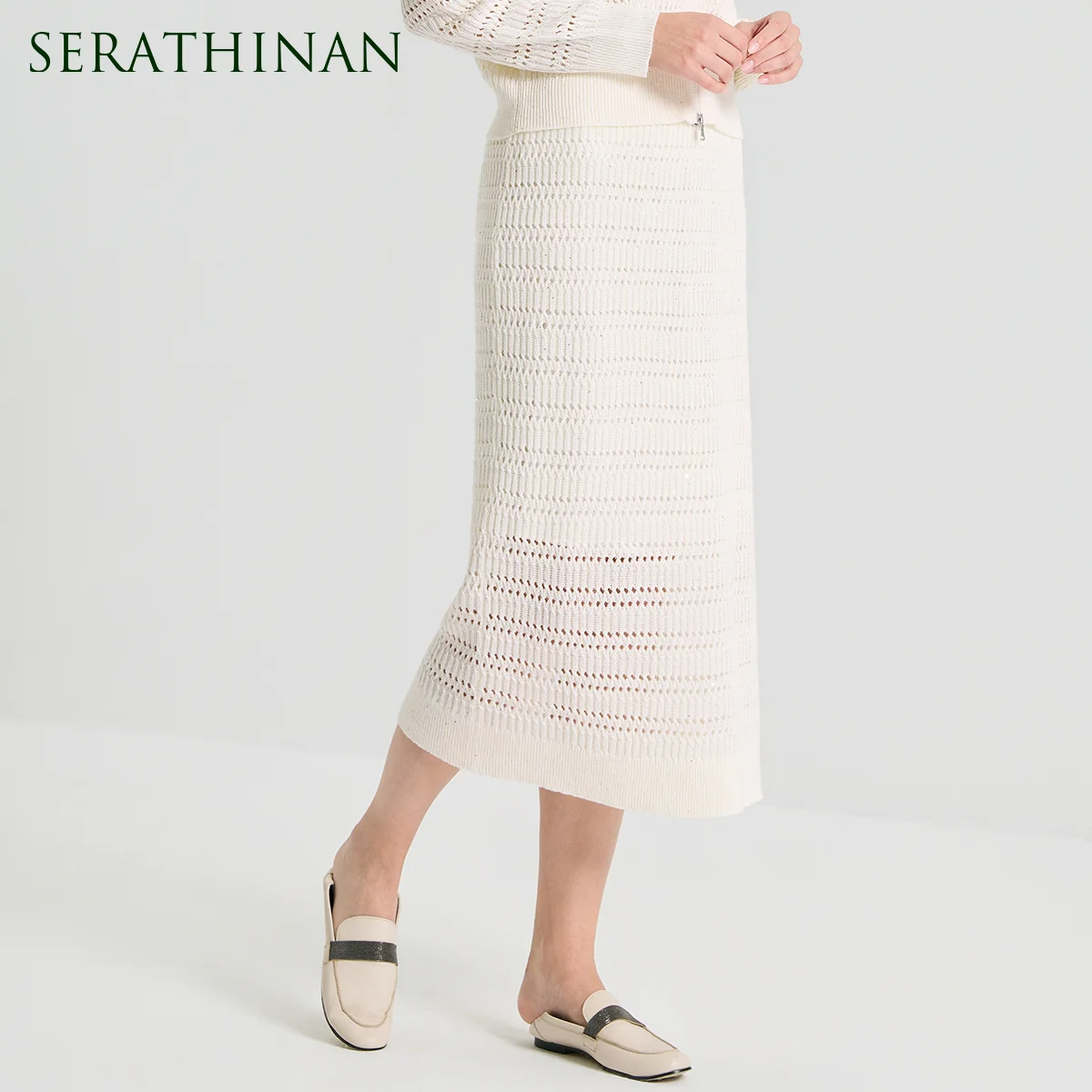 BL3611495 Premium Sequin Linen Knit Skirt Women's Midi Skirts Loose Elegant Hollow Out High Waist Luxury Female Clothing