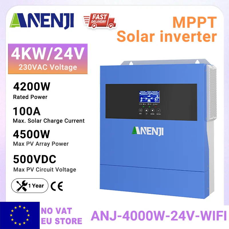 ANENJI 4.5KVA 4.2KW 24V Hybrydowy Inwerter Solarny MPPT 230V Fotowoltaiczny Sieciowy/Off Grid PV 60-500V 100A Kontroler Ładowania Solarnego