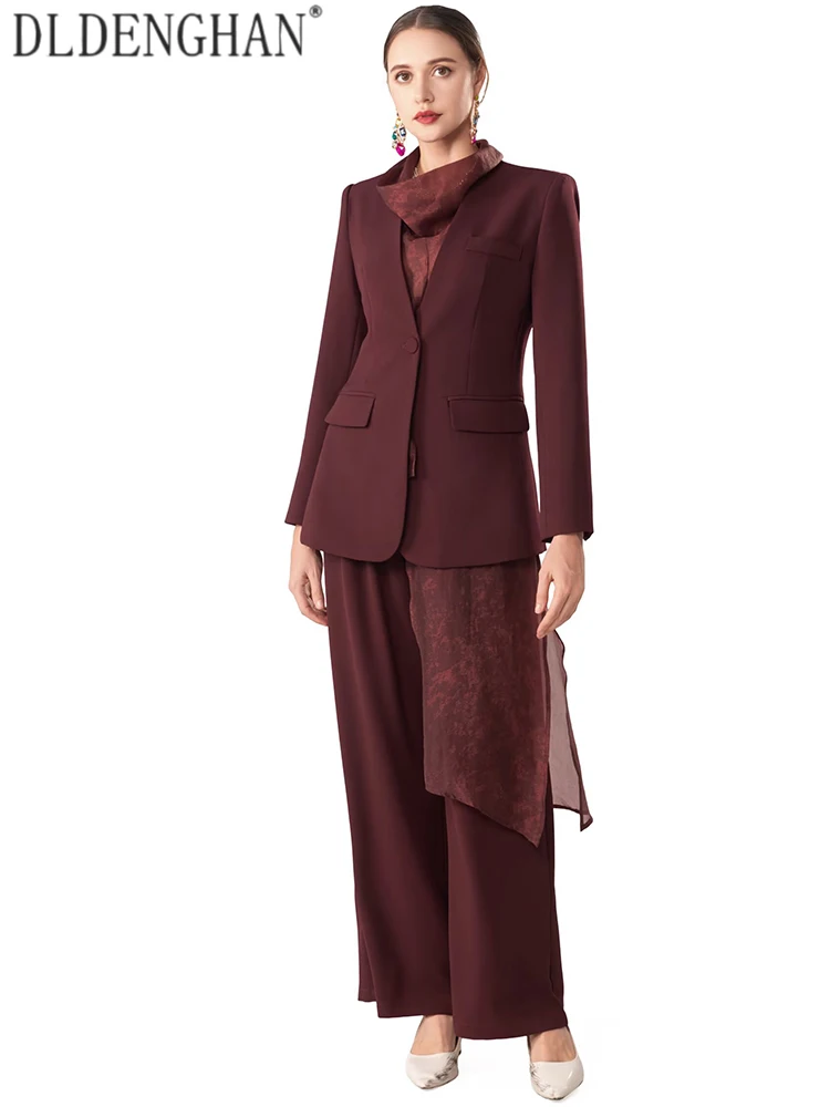 DLDENGHAN Women V-Neck Long-sleeved Single Breasted Buttons Pockets Design trousers Spring Autumnal Office Lady Solid 3-Piece