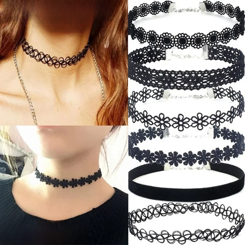 KISMIS 6 sztuk/zestaw czarne koronkowe Chokers naszyjnik zestaw Vintage Gothic Punk elastyczny naszyjnik damska biżuteria 1 zestawów — zdjęcie 2