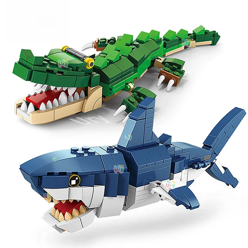 Moc Ocean Marine Fish 3w1 Zwierzęta Rekin Tygrys Sowa Krokodyl Zestaw Modeli Klocki Konstrukcyjne Zrób To Sam Zabawka Kreatywna na Prezent — 2