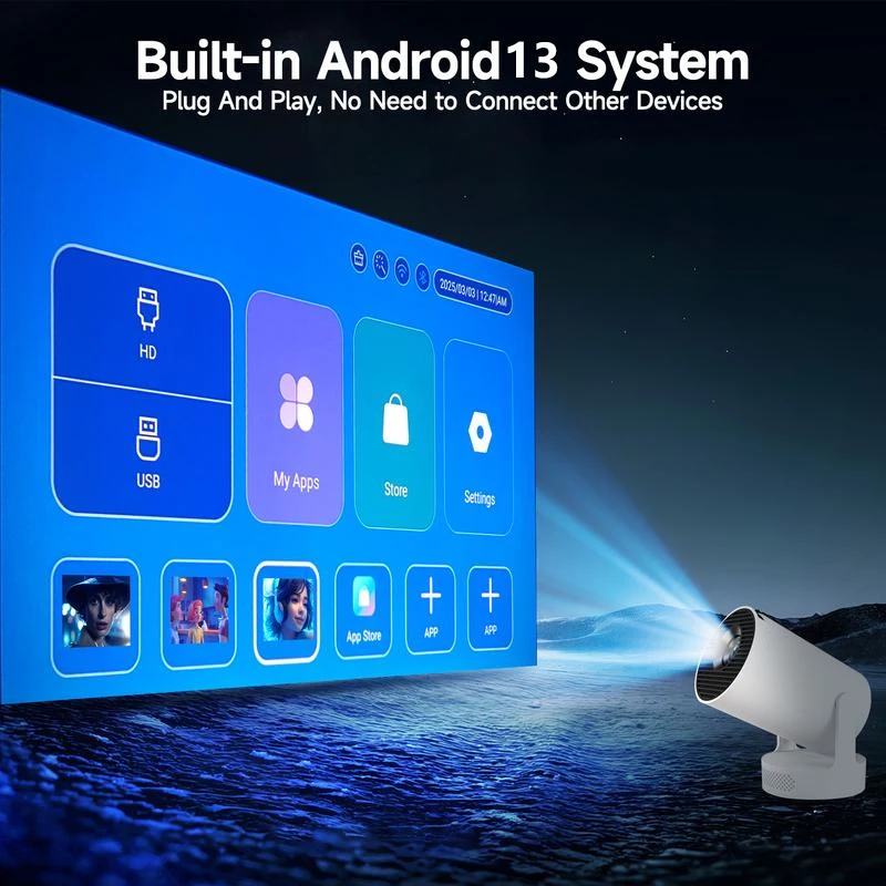 جهاز عرض HY300Ultra Smart Android، WiFi 6، فك تشفير 4K، تصحيح حجر المفاتيح التلقائي، جهاز عرض محمول