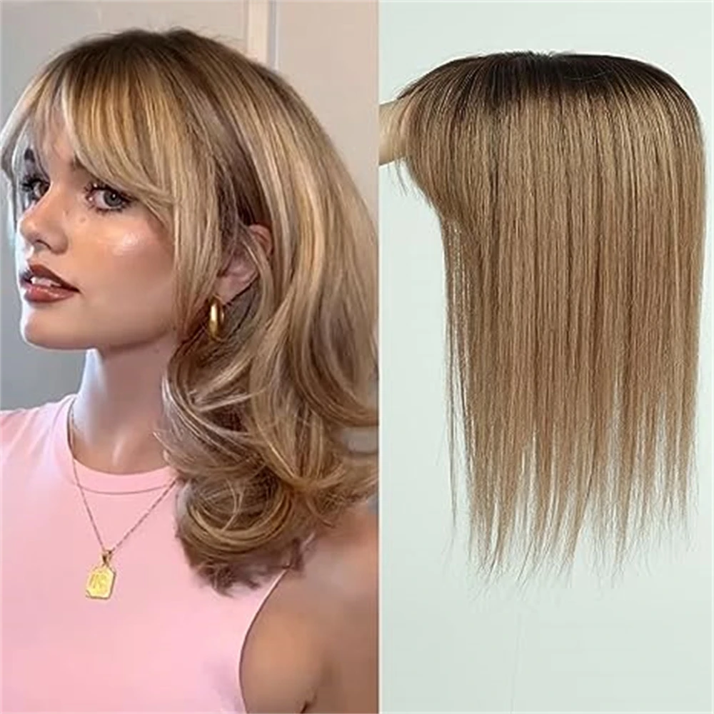 100% Remy Human Hair Toppers Hair Pieces For Women Light Brown Women Topper with Bang Silk Base Clip In Topper For Thinning Hair