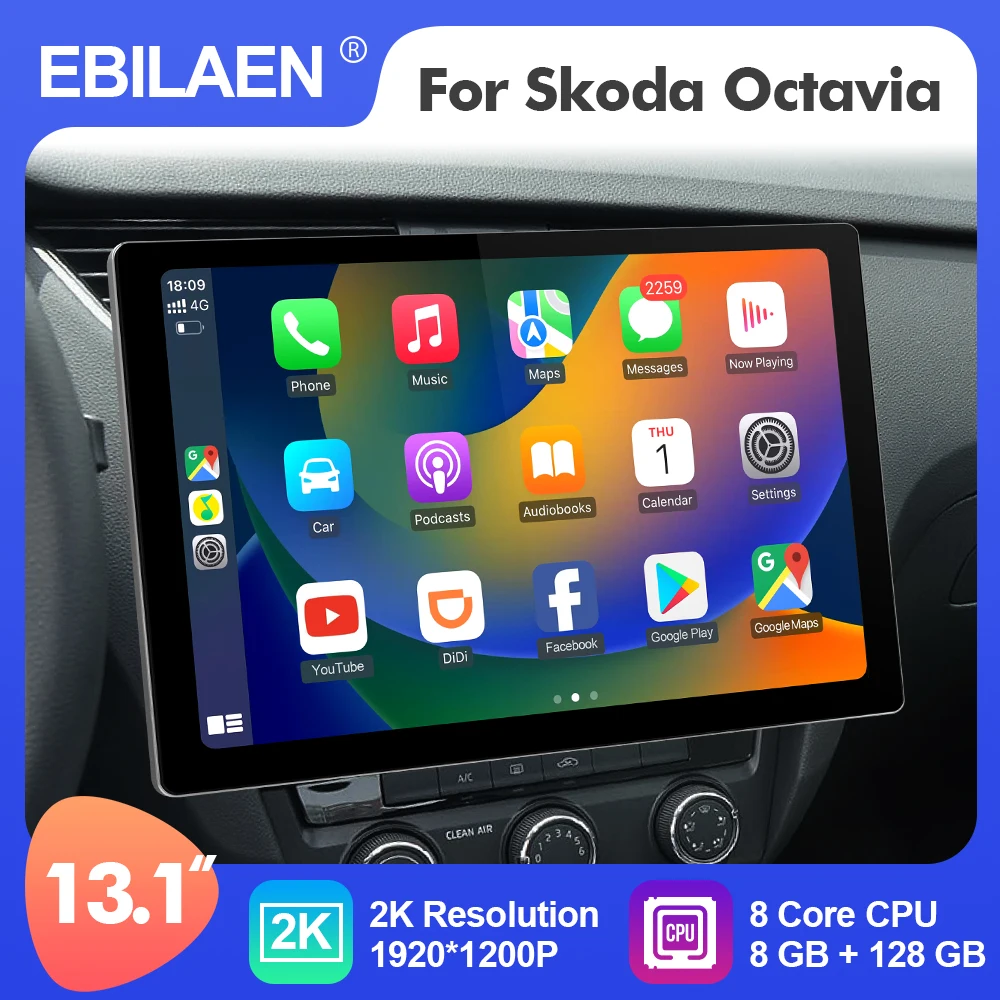 EBILAEN 2K 13.1 Inch Android 12 Car Multimedia Stereo Radio Player For Skoda/Octavia 3 A7 2014-2017 GPS 8 Core Carplay 4G WIFI