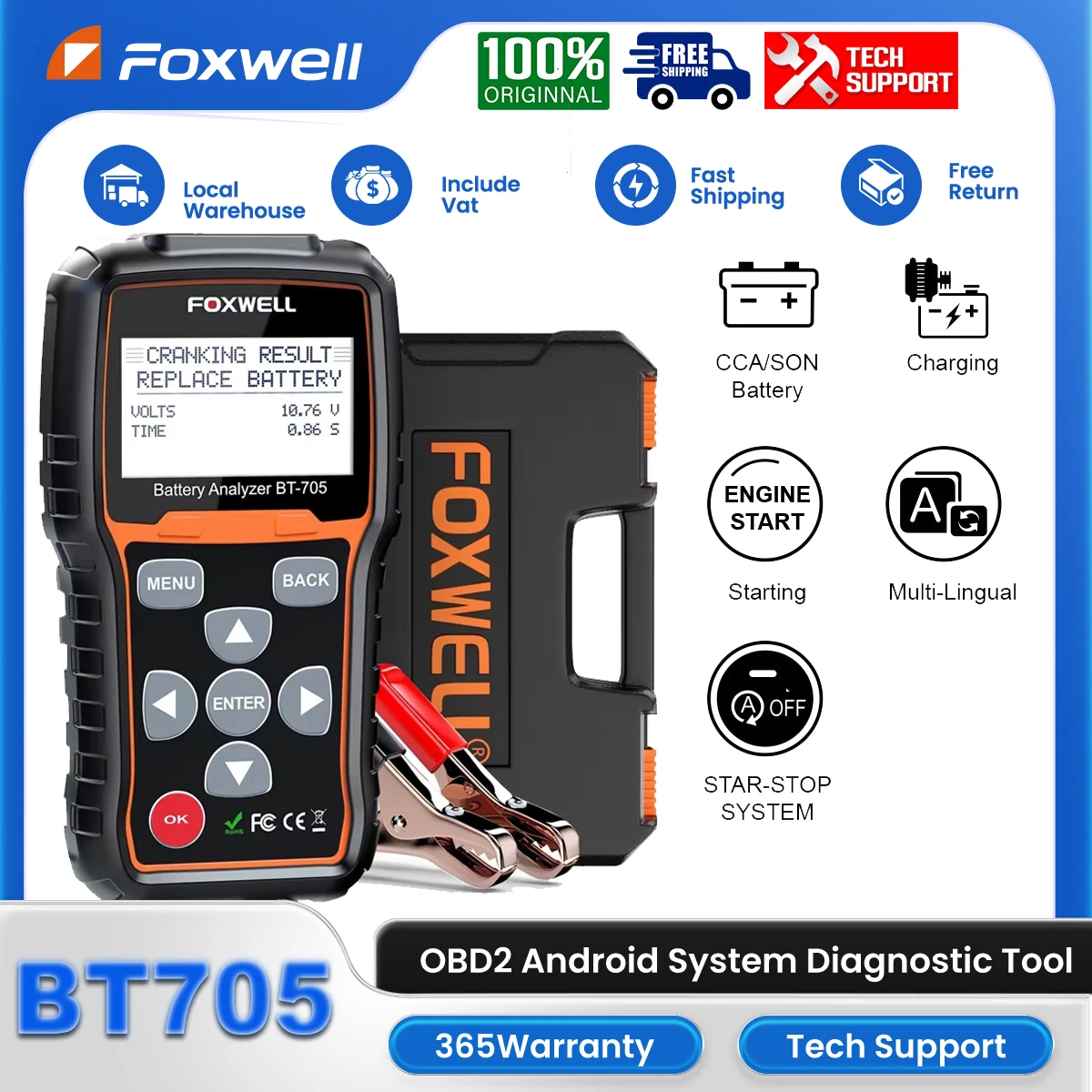 

FOXWELL BT705 OBD2 Тестер нагрузки автомобильного аккумулятора Тест системы зарядки при запуске Сверхмощный сканер для зарядки при запуске грузовика