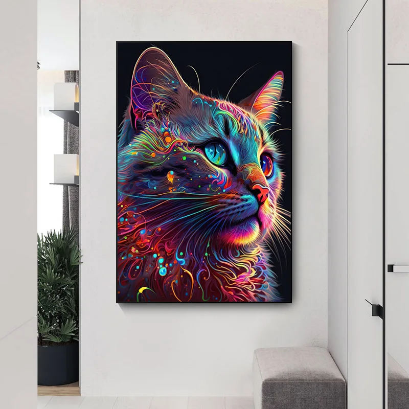 Neon Effect Dog and Cat Poster Canvas Printing Border Collie Morden Wall Art Decor Picture Animal Decor Aesthetic Home No LED