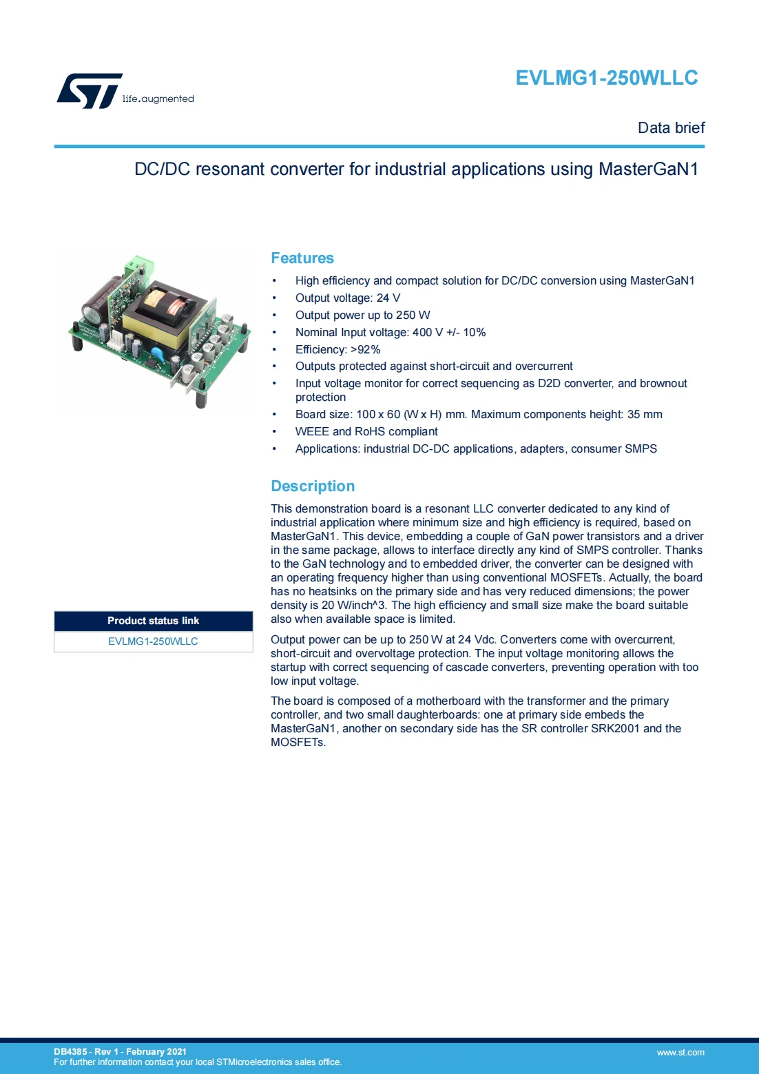 STM EVLMG1-250WLLC Demonstration Board, Power Management, Resonant LLC Converter