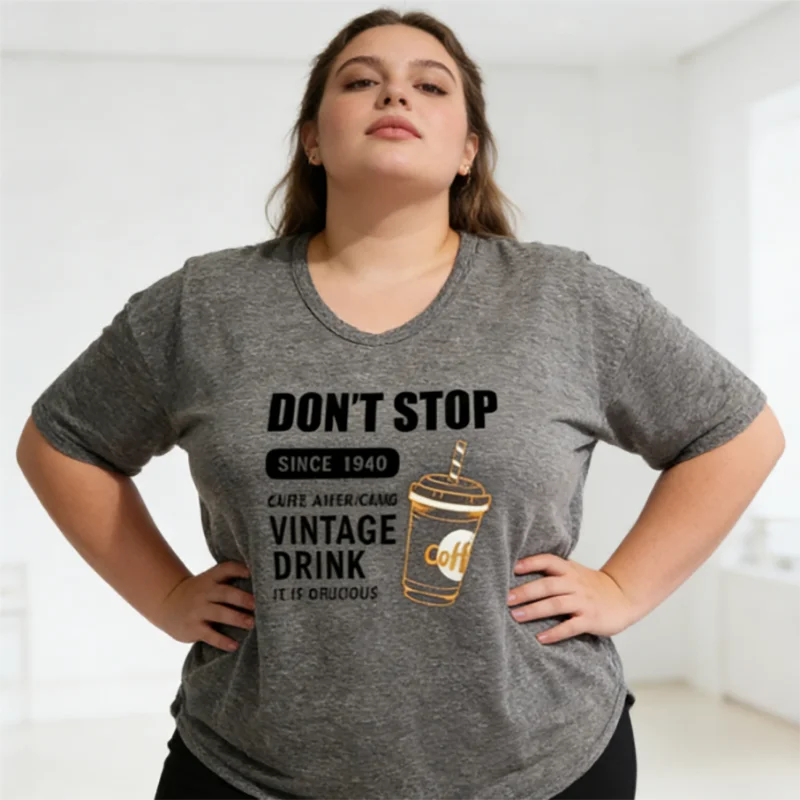 Plus size 40-150kg coffee print oversized t shirt women casual loose u neck short sleeve graphic tee soft summer tops