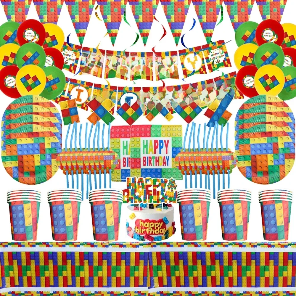 Blocs de construction, fournitures de décoration de fête à thème, vaisselle jetable, tasse, décoration de gâteau, ballon, toile de fond pour décoration de fête d'anniversaire