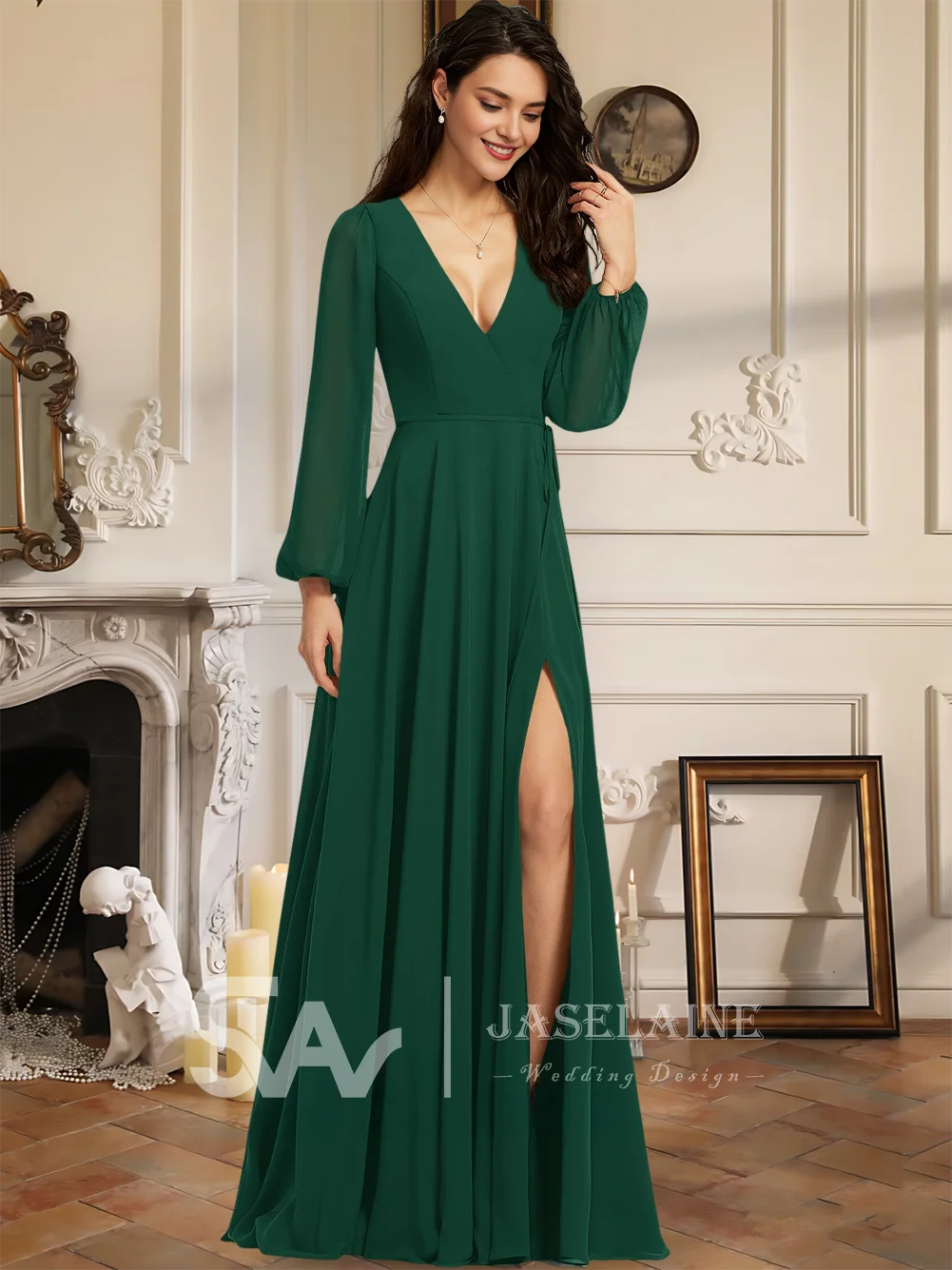 WMP Bridesmaid Dresses A-Line V-Neck Floor-Length Chiffon Long Sleeve Leg Slit Wedding Guest Evening Party Cocktail Dresses