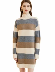 Women's Sweater Dress Stripe Turtleneck 100% Merino Wool 2023 Fall Winter Warm Knit Pullover Vintage Long Sleeve Sweater Dresses