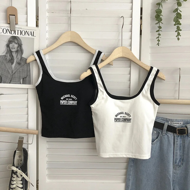 O Neck White Crop Top Women Summer Casual T Shirt Basic Sexy Streetwear Ribber Sleeveless Tank Tops Vest  with Padded