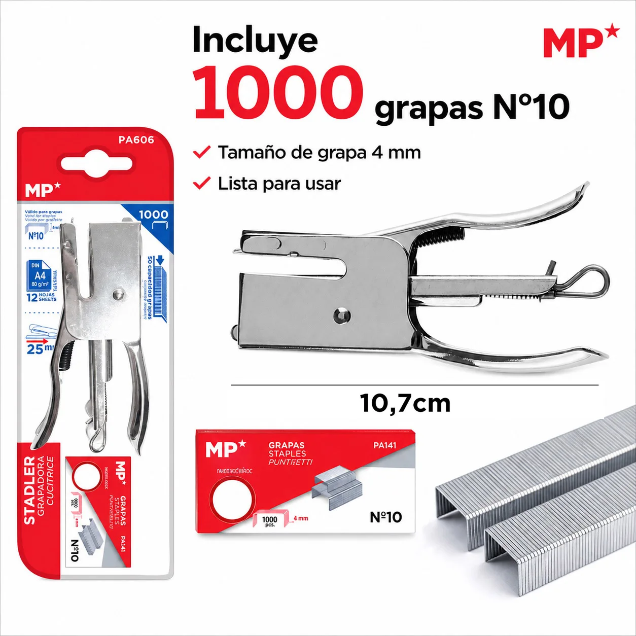 Pince agrafeuse en métal Mp 1 ou 2 pièces avec 1000 agrafes. 10 agrafes incluses, petites (10,7 cm) |     Capacité : 12 feuilles |     Outil classique pour fournitures scolaires, bureau et table de travail