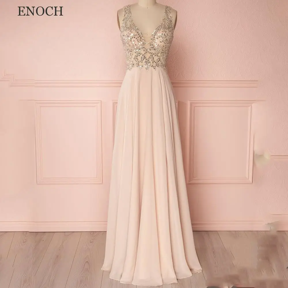 Vestidos de noite com decote em v elegante de enoch vestidos de noite abertos sem mangas chiffon a linha vestidos formais feitos sob encomenda de noche