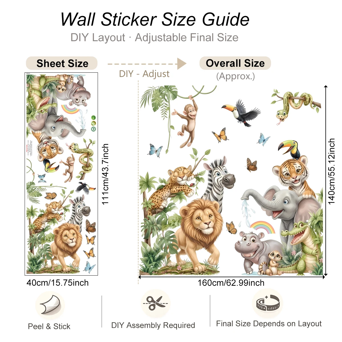 Cartoon Jungle Animal Wall Stickers Safari Lion Elephant Tiger Decal Removable PVC Nursery Mural Wallpaper Home Decor view 6