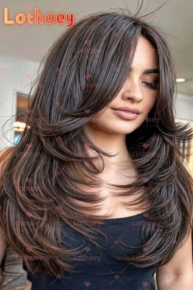 

Очаровательный женский длинный вьющийся парик из полных волос для повседневного костюма для вечеринок, средняя часть, коричневые парики, натуральный хайлайтер