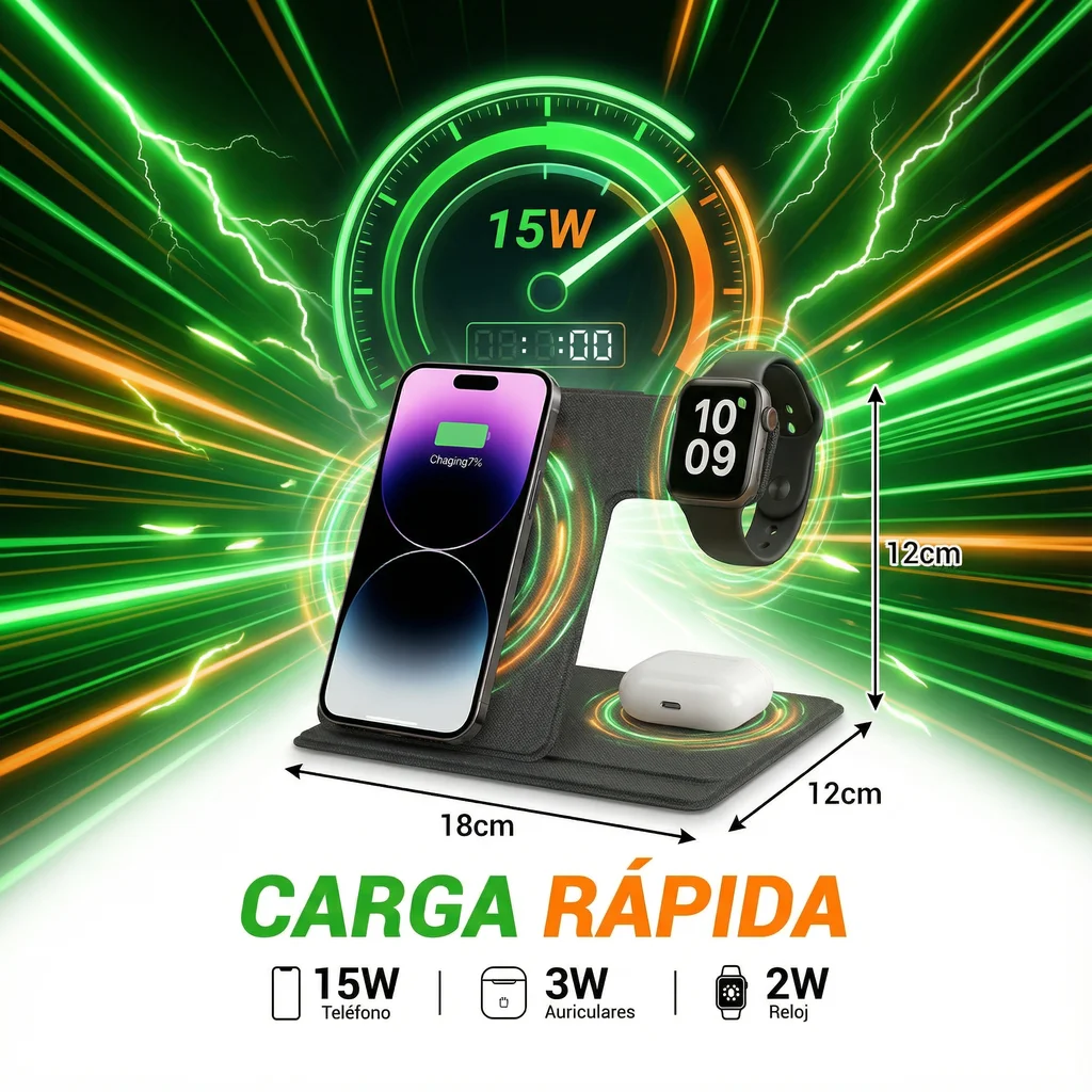 WOOX Cargador Inalámbrico | 3 En 1 Estación de Carga Inalámbrico con Cabezal  | Base de Carga Rápida Compatible para Smartphone，Earbuds，SmartWatch