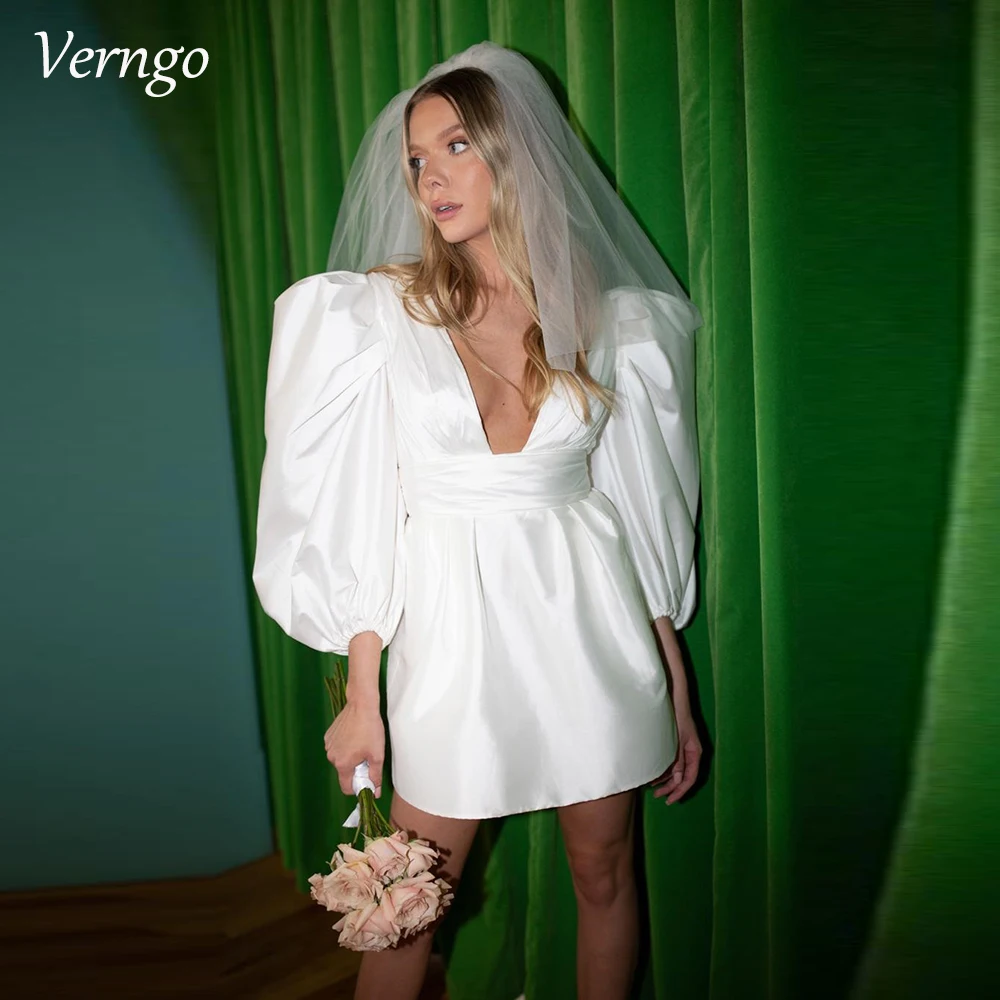 

Verngo Short Beach Mermaid Wedding Dresses Puffy Sleeves V-neck Bridals Gown Women Mini Bride Dress Robes De Soirée