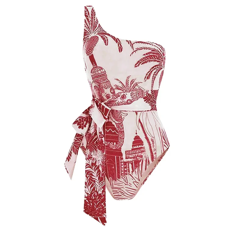 2025 Zomer Sexy Een Schouder Kokospalm Print Eendelig Badpak en Sarong Vrouwen Badmode Dames Badpak 2 stks