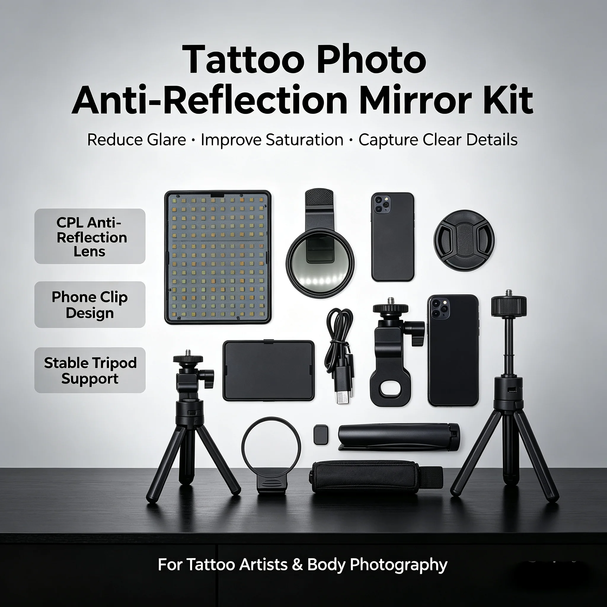 CPL Antireflexions-Handyobjektiv für Tattoo-Fotografie, Stativ-Clip-On-Kamerafilter reduziert Blendung und erhöht die Sättigung.