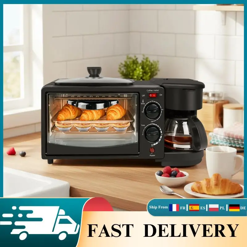 Máquina de desayuno eléctrica 3 en 1, cafetera multifunción, horno, sartén, máquina para hacer sándwiches, pan, pizza, carne, para el hogar