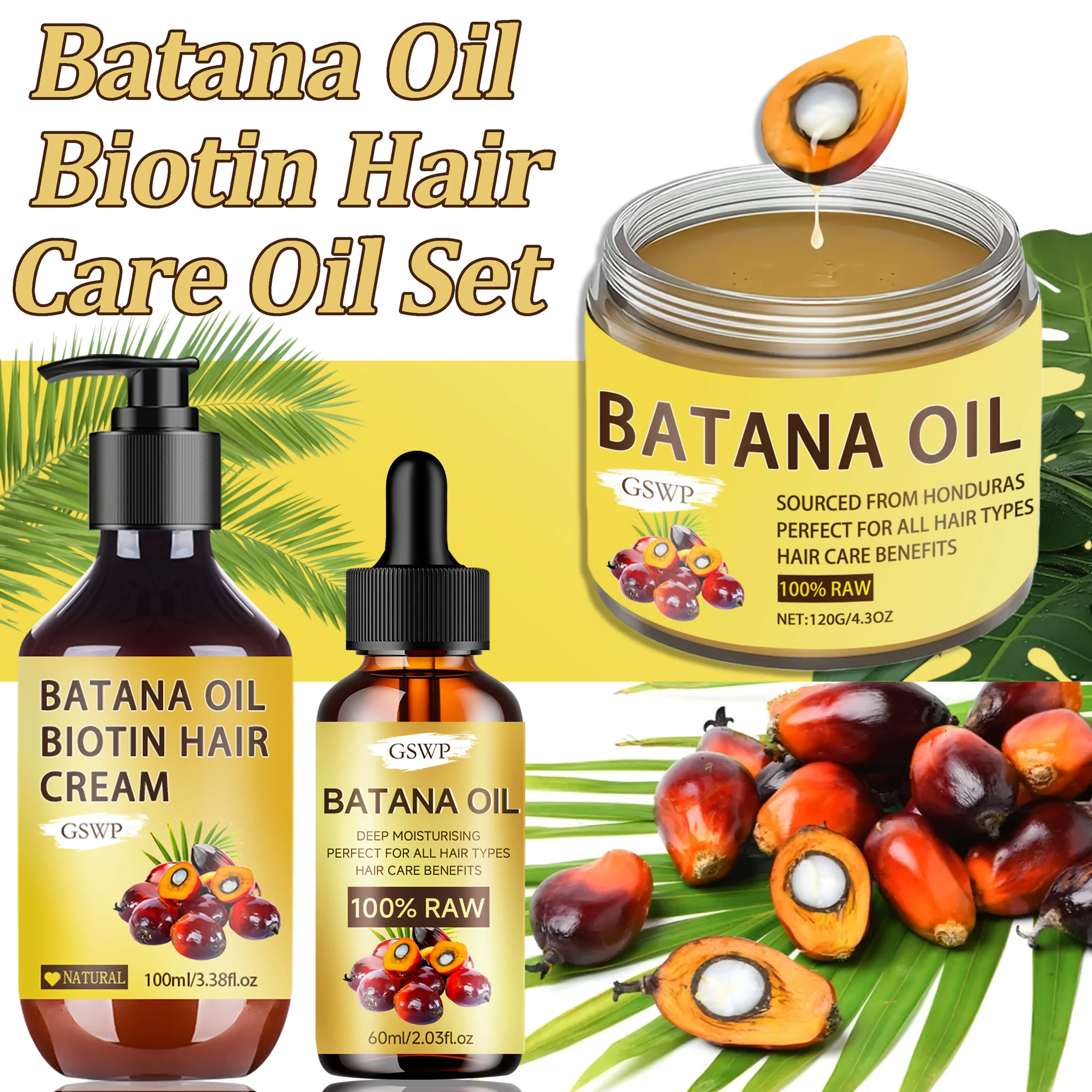 

Набор масел для волос GSWP Batana Oil Biotin: глубоко увлажняет, борется с эффектом пушистости и подходит для сухих и поврежденных волос. 120г+100мл+60мл.