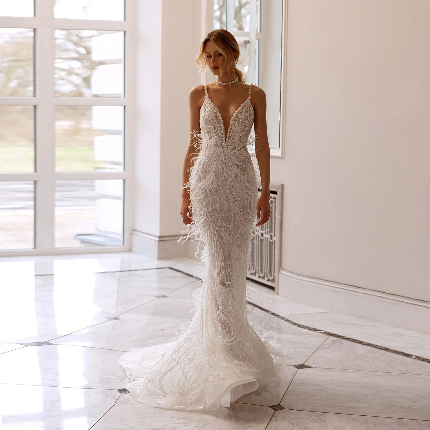 

Sharon Said сексуальный корсет с глубоким v-образным вырезом белое свадебное платье 2025 роскошное тюлевое платье русалки с жемчужными перьями SW488 по индивидуальному заказу